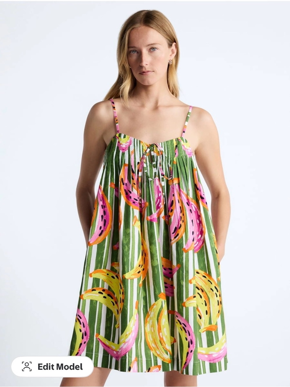 Striped Green Banana-Print Mini Sundress with Spaghetti Straps